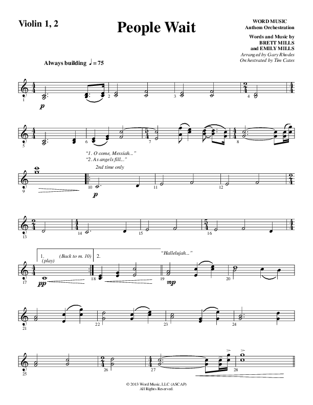 People Wait (Choral Anthem SATB) Violin 1/2 (Word Music Choral / Arr. Gary Rhodes / Orch. Tim Cates)