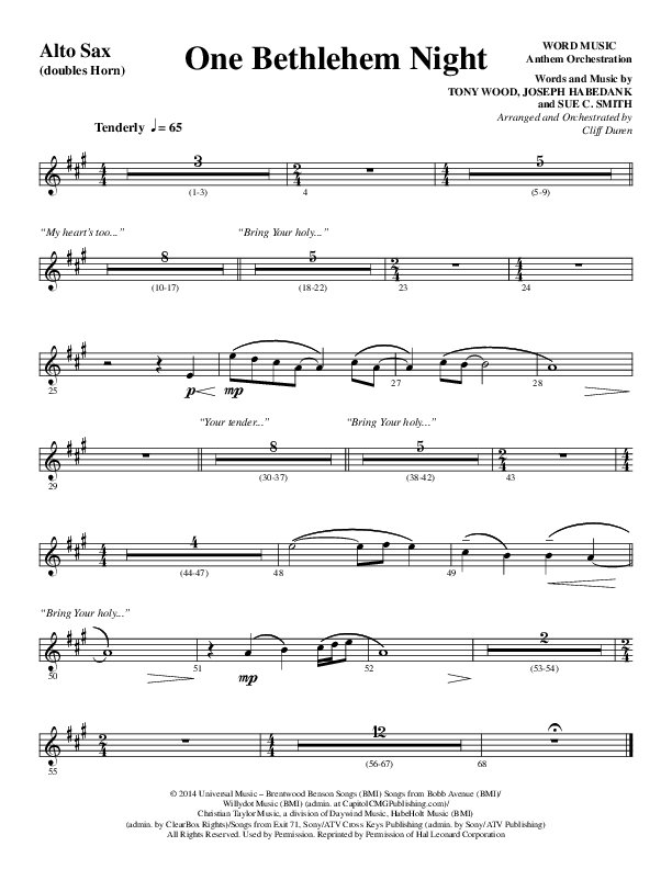 One Bethlehem Night (Choral Anthem SATB) Alto Sax (Word Music Choral / Arr. Cliff Duren)