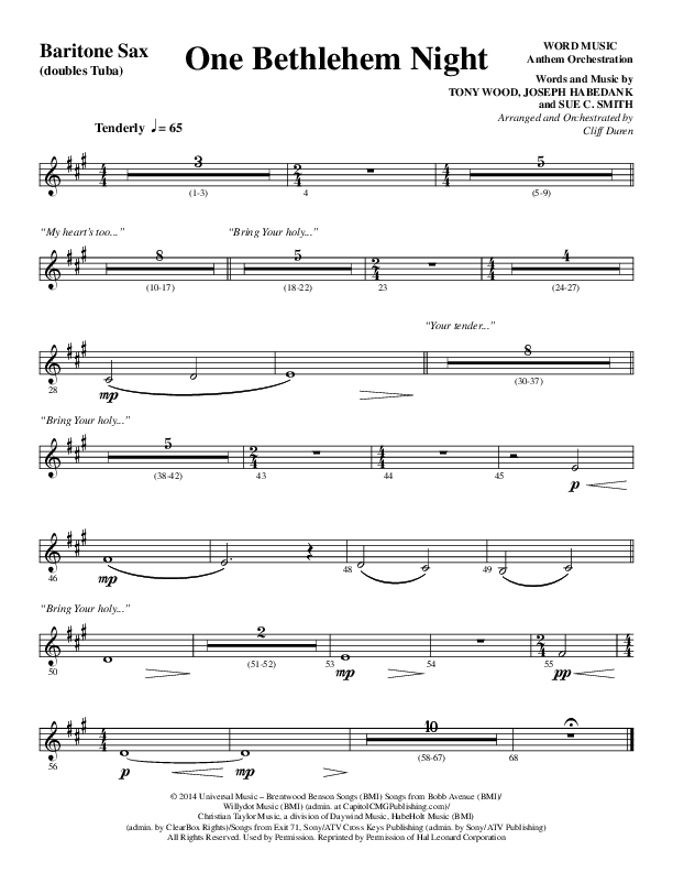 One Bethlehem Night (Choral Anthem SATB) Bari Sax (Word Music Choral / Arr. Cliff Duren)