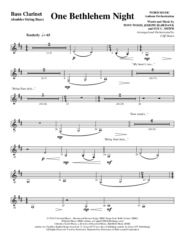One Bethlehem Night (Choral Anthem SATB) Bass Clarinet (Word Music Choral / Arr. Cliff Duren)