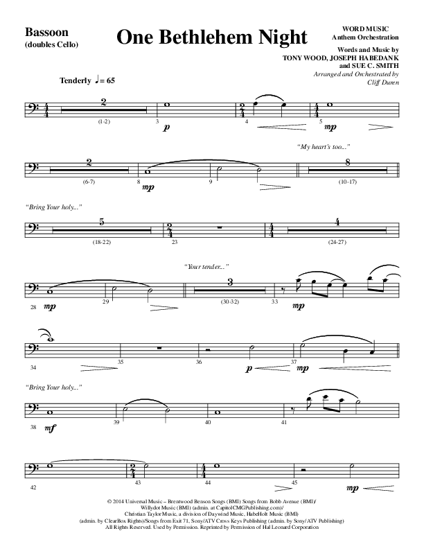 One Bethlehem Night (Choral Anthem SATB) Bassoon (Word Music Choral / Arr. Cliff Duren)