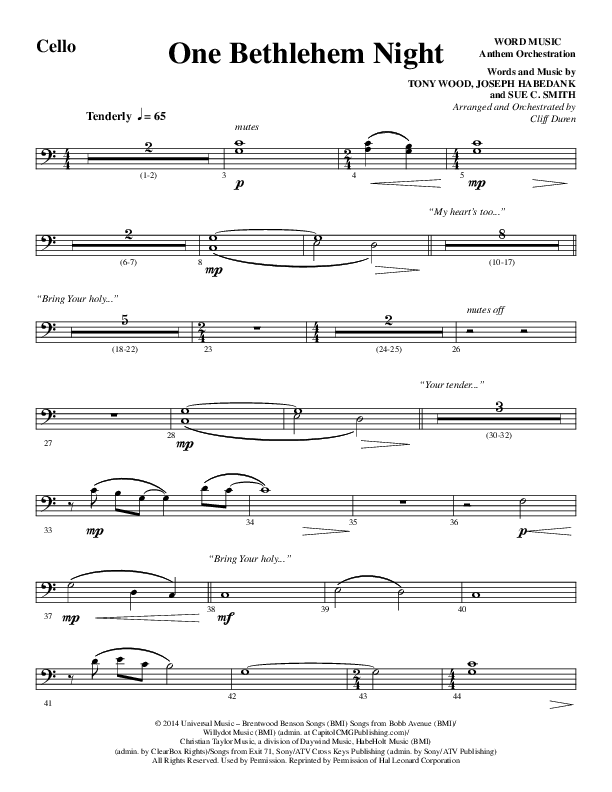 One Bethlehem Night (Choral Anthem SATB) Cello (Word Music Choral / Arr. Cliff Duren)