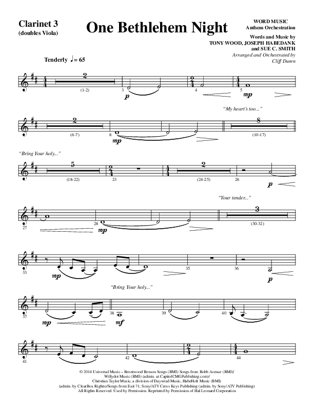One Bethlehem Night (Choral Anthem SATB) Clarinet 3 (Word Music Choral / Arr. Cliff Duren)