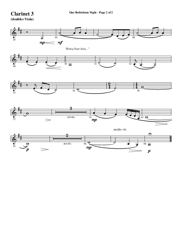 One Bethlehem Night (Choral Anthem SATB) Clarinet 3 (Word Music Choral / Arr. Cliff Duren)