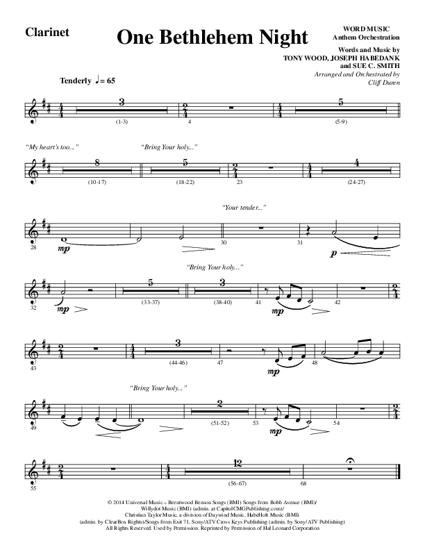 One Bethlehem Night (Choral Anthem SATB) Clarinet (Word Music Choral / Arr. Cliff Duren)