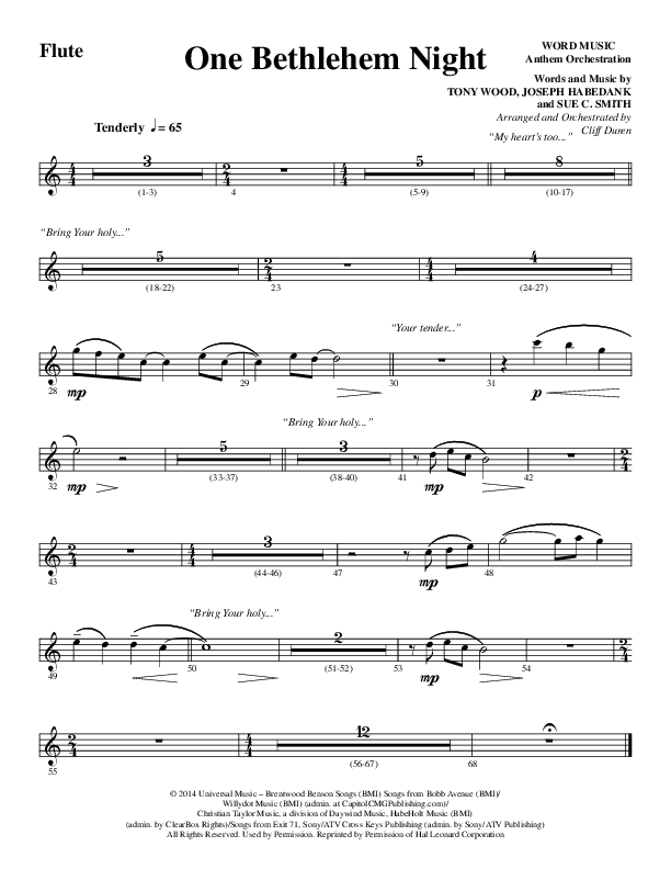 One Bethlehem Night (Choral Anthem SATB) Flute (Word Music Choral / Arr. Cliff Duren)