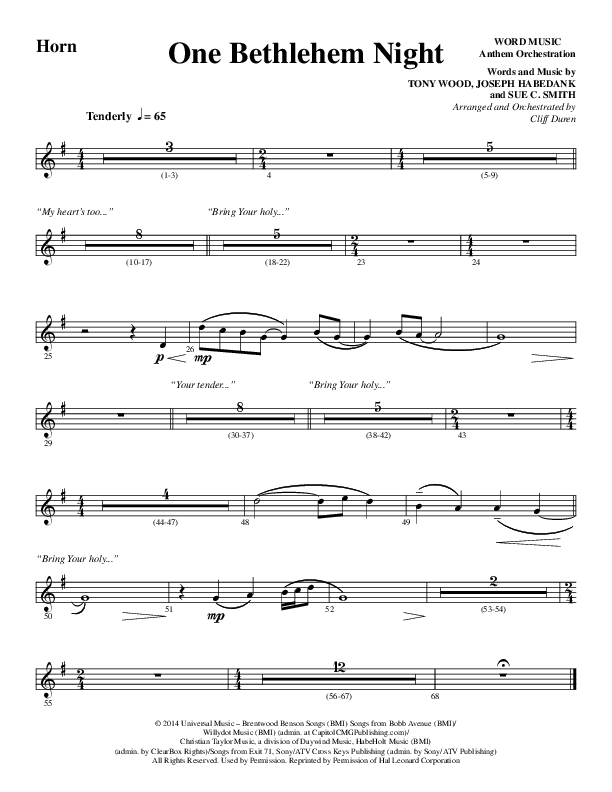 One Bethlehem Night (Choral Anthem SATB) French Horn (Word Music Choral / Arr. Cliff Duren)
