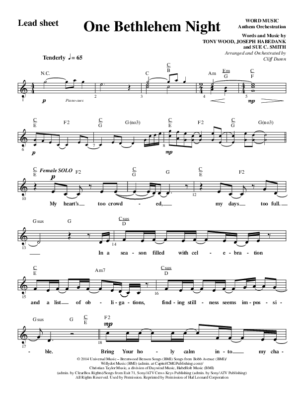 One Bethlehem Night (Choral Anthem SATB) Lead Sheet (Melody) (Word Music Choral / Arr. Cliff Duren)
