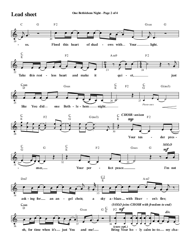 One Bethlehem Night (Choral Anthem SATB) Lead Sheet (Melody) (Word Music Choral / Arr. Cliff Duren)