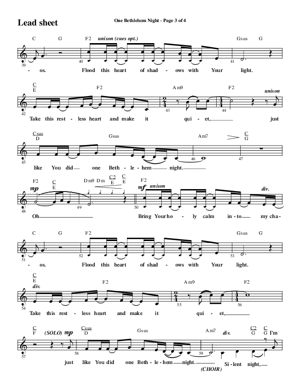 One Bethlehem Night (Choral Anthem SATB) Lead Sheet (Melody) (Word Music Choral / Arr. Cliff Duren)
