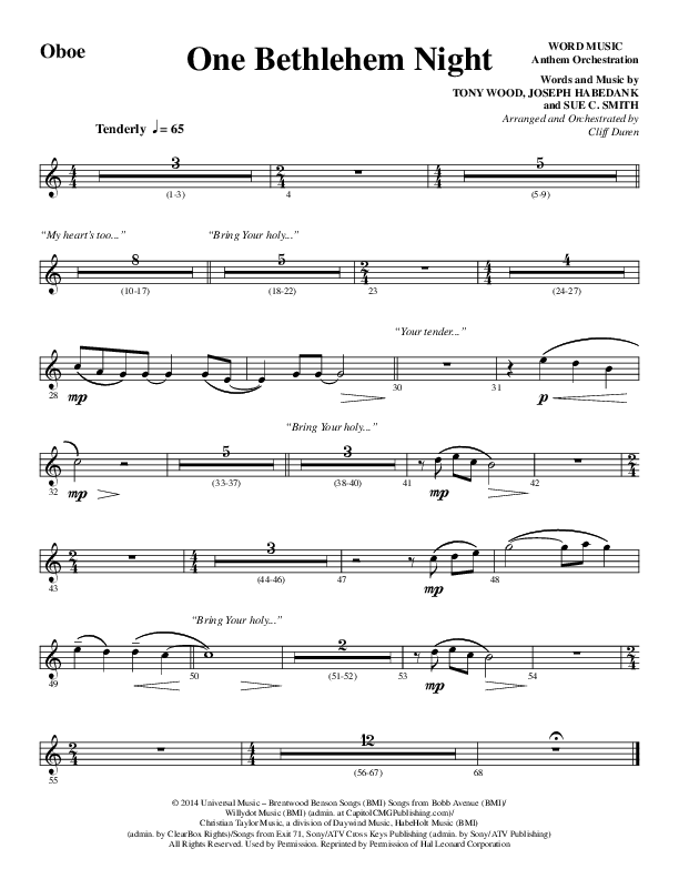 One Bethlehem Night (Choral Anthem SATB) Oboe (Word Music Choral / Arr. Cliff Duren)