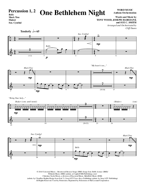 One Bethlehem Night (Choral Anthem SATB) Percussion 1/2 (Word Music Choral / Arr. Cliff Duren)