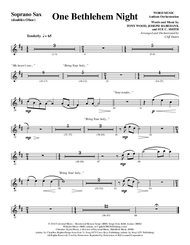 One Bethlehem Night (Choral Anthem SATB) Soprano Sax (Word Music Choral / Arr. Cliff Duren)