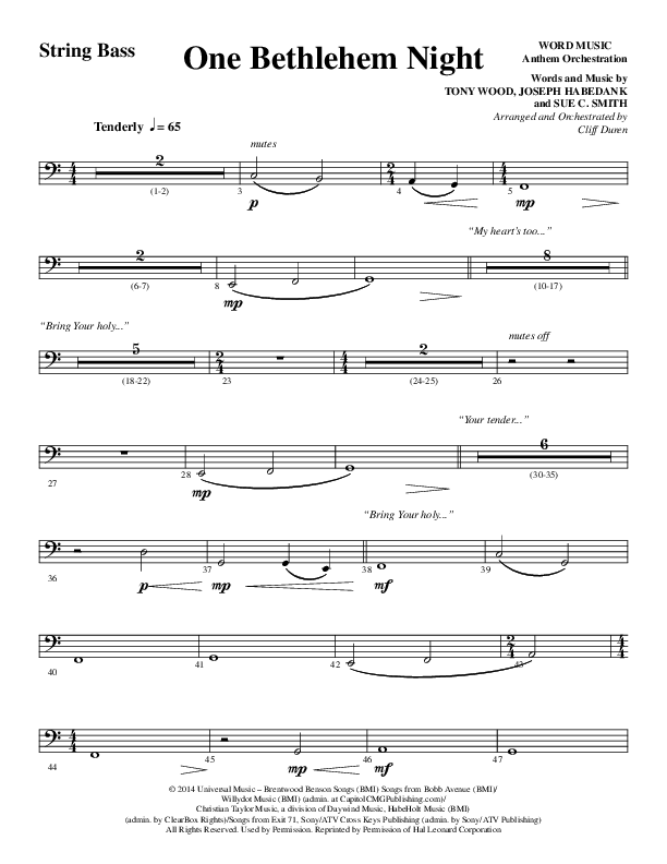 One Bethlehem Night (Choral Anthem SATB) String Bass (Word Music Choral / Arr. Cliff Duren)