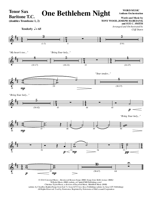 One Bethlehem Night (Choral Anthem SATB) Tenor Sax/Baritone T.C. (Word Music Choral / Arr. Cliff Duren)