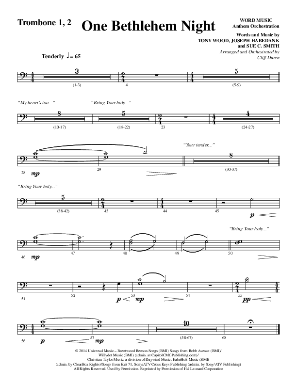 One Bethlehem Night (Choral Anthem SATB) Trombone 1/2 (Word Music Choral / Arr. Cliff Duren)