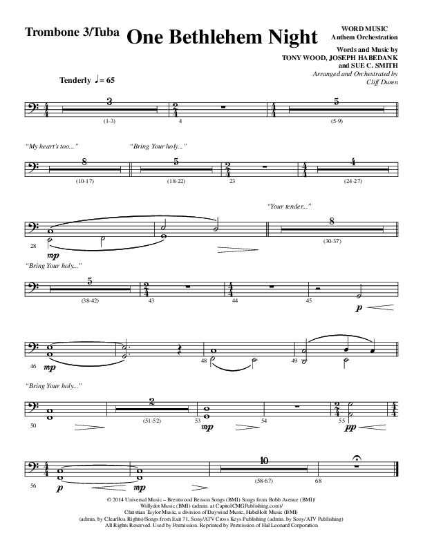 One Bethlehem Night (Choral Anthem SATB) Trombone 3/Tuba (Word Music Choral / Arr. Cliff Duren)