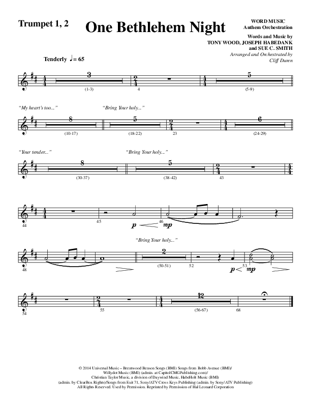 One Bethlehem Night (Choral Anthem SATB) Trumpet 1,2 (Word Music Choral / Arr. Cliff Duren)