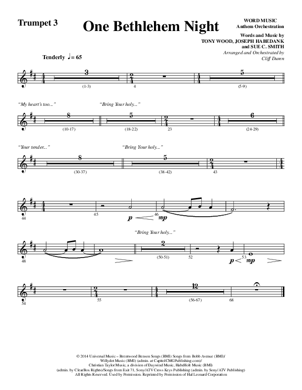 One Bethlehem Night (Choral Anthem SATB) Trumpet 3 (Word Music Choral / Arr. Cliff Duren)