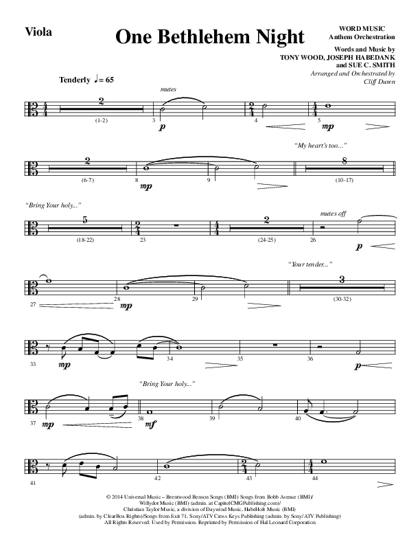 One Bethlehem Night (Choral Anthem SATB) Viola (Word Music Choral / Arr. Cliff Duren)