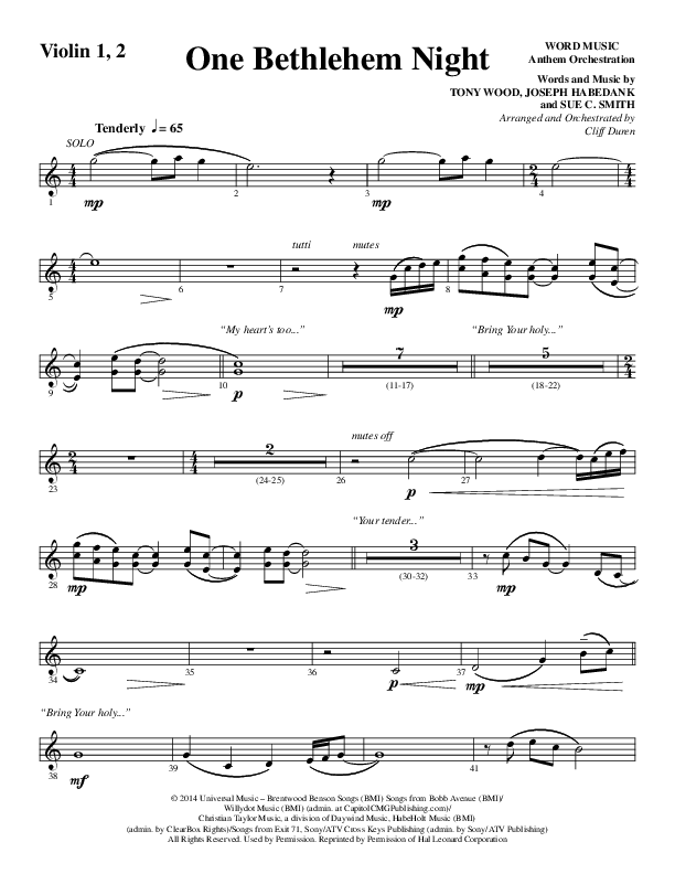 One Bethlehem Night (Choral Anthem SATB) Violin 1/2 (Word Music Choral / Arr. Cliff Duren)