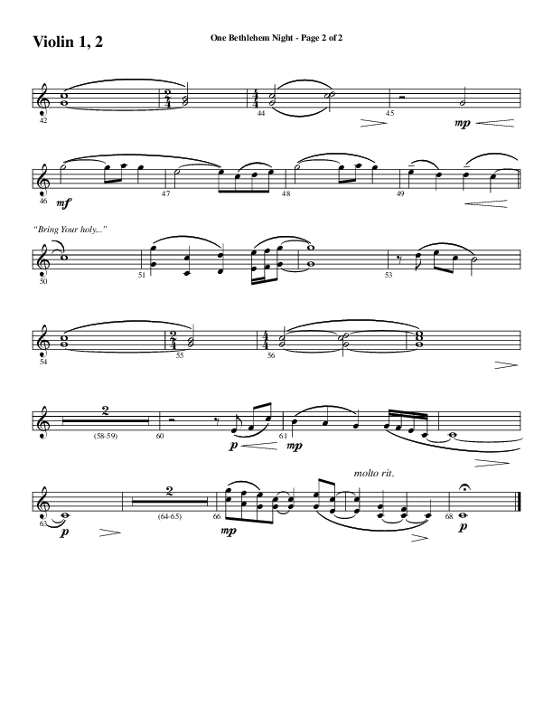 One Bethlehem Night (Choral Anthem SATB) Violin 1/2 (Word Music Choral / Arr. Cliff Duren)