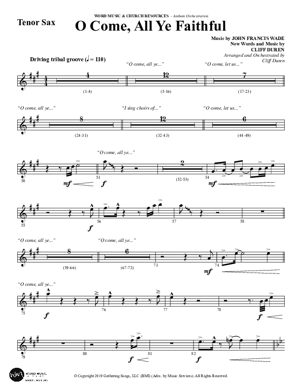 O Come All Ye Faithful (Choral Anthem SATB) Tenor Sax 1 (Word Music Choral / Arr. Cliff Duren)