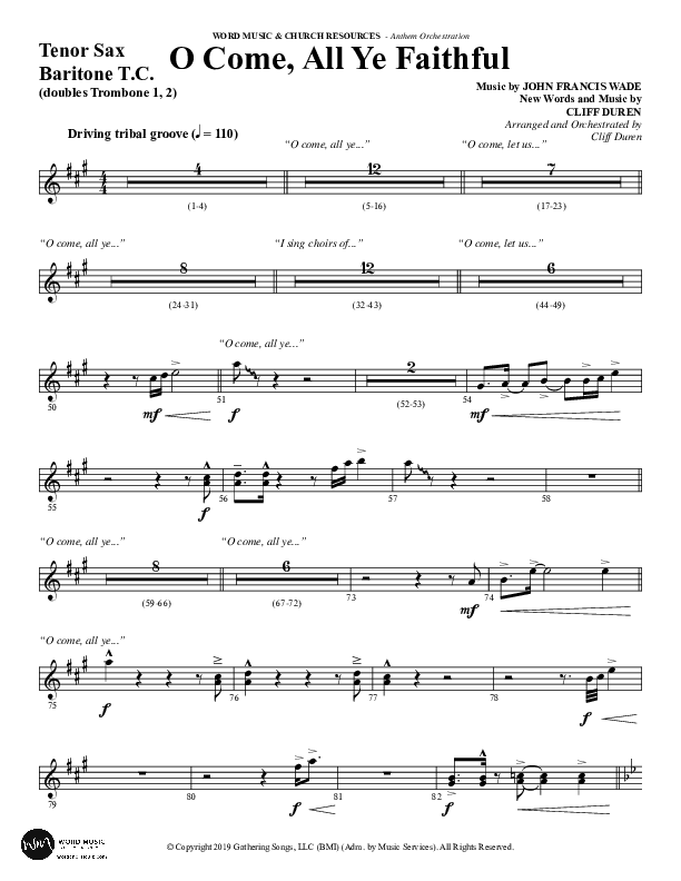 O Come All Ye Faithful (Choral Anthem SATB) Tenor Sax/Baritone T.C. (Word Music Choral / Arr. Cliff Duren)