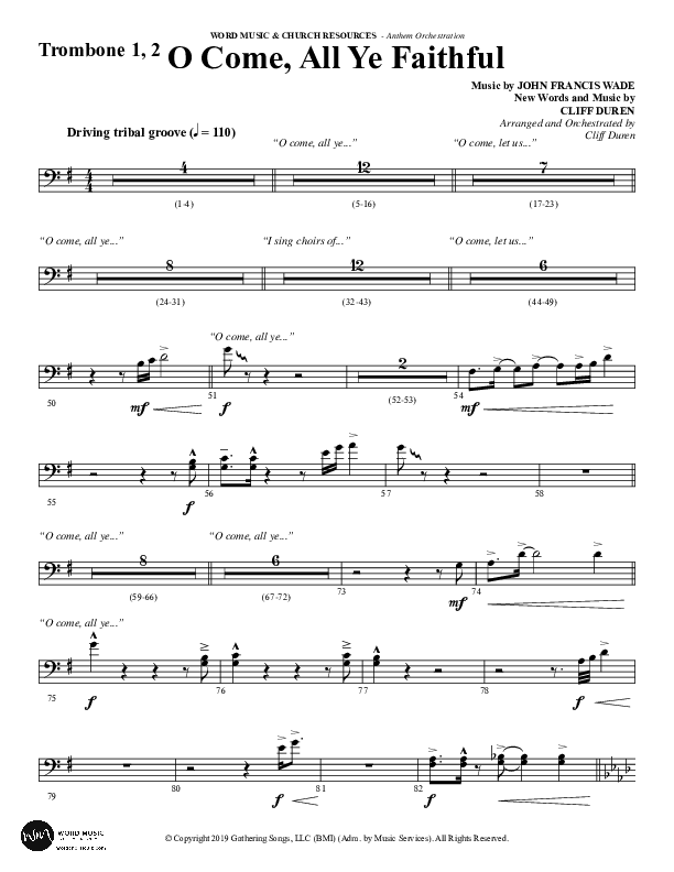O Come All Ye Faithful (Choral Anthem SATB) Trombone 1/2 (Word Music Choral / Arr. Cliff Duren)