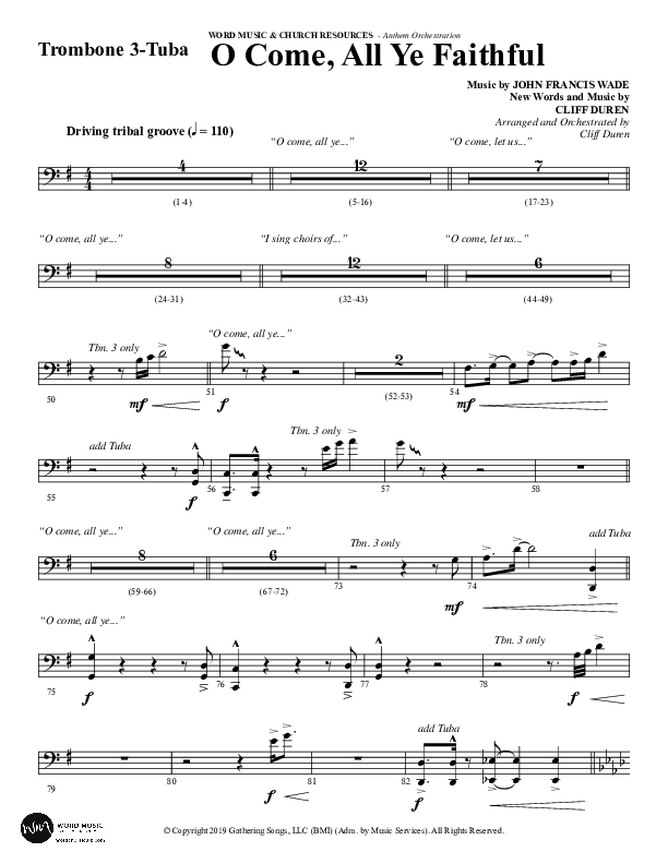 O Come All Ye Faithful (Choral Anthem SATB) Trombone 3/Tuba (Word Music Choral / Arr. Cliff Duren)