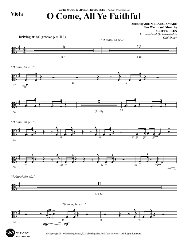 O Come All Ye Faithful (Choral Anthem SATB) Viola (Word Music Choral / Arr. Cliff Duren)