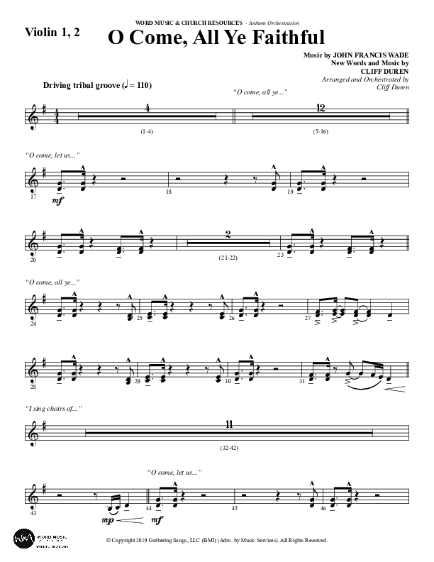 O Come All Ye Faithful (Choral Anthem SATB) Violin 1/2 (Word Music Choral / Arr. Cliff Duren)