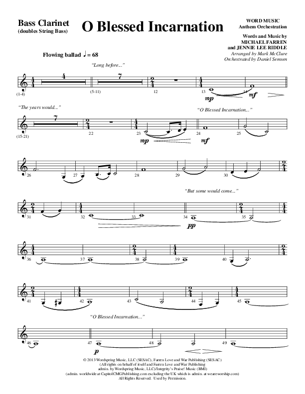 O Blessed Incarnation (Choral Anthem SATB) Bass Clarinet (Word Music Choral / Arr. Mark McClure)
