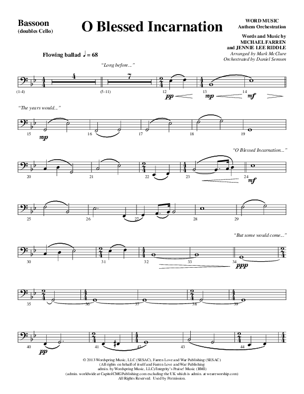 O Blessed Incarnation (Choral Anthem SATB) Bassoon (Word Music Choral / Arr. Mark McClure)