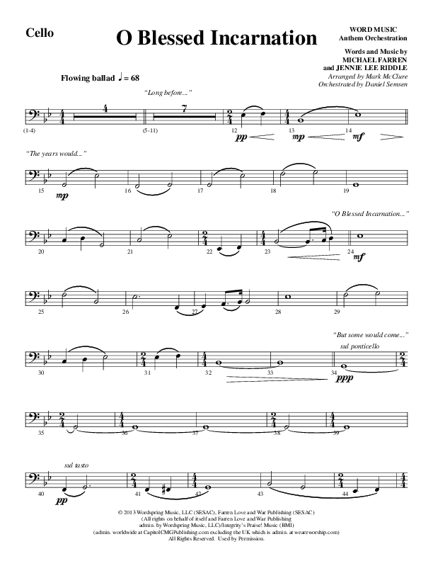 O Blessed Incarnation (Choral Anthem SATB) Cello (Word Music Choral / Arr. Mark McClure)