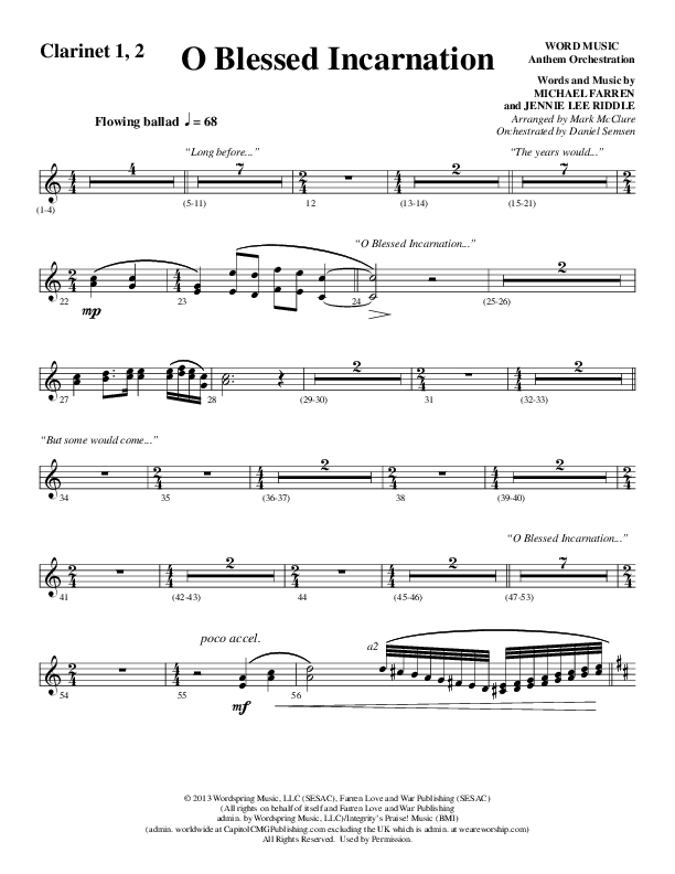 O Blessed Incarnation (Choral Anthem SATB) Clarinet 1/2 (Word Music Choral / Arr. Mark McClure)