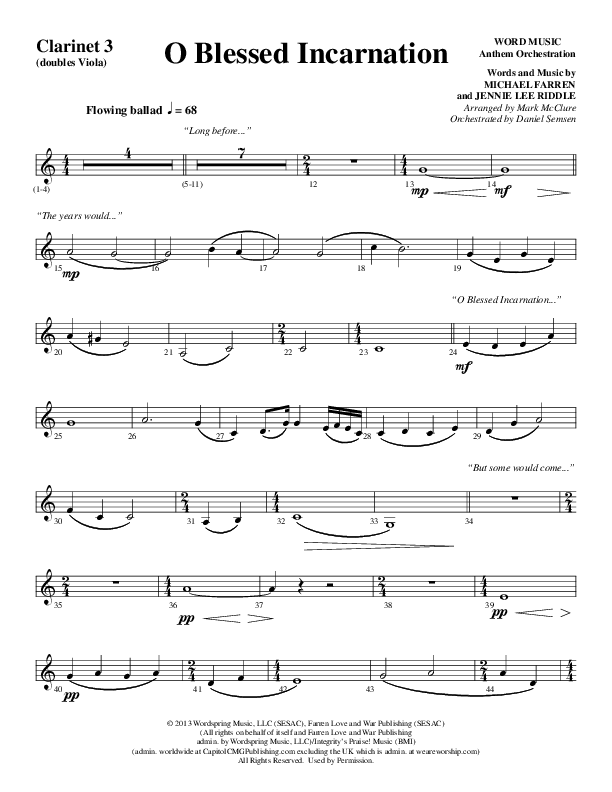 O Blessed Incarnation (Choral Anthem SATB) Clarinet 3 (Word Music Choral / Arr. Mark McClure)