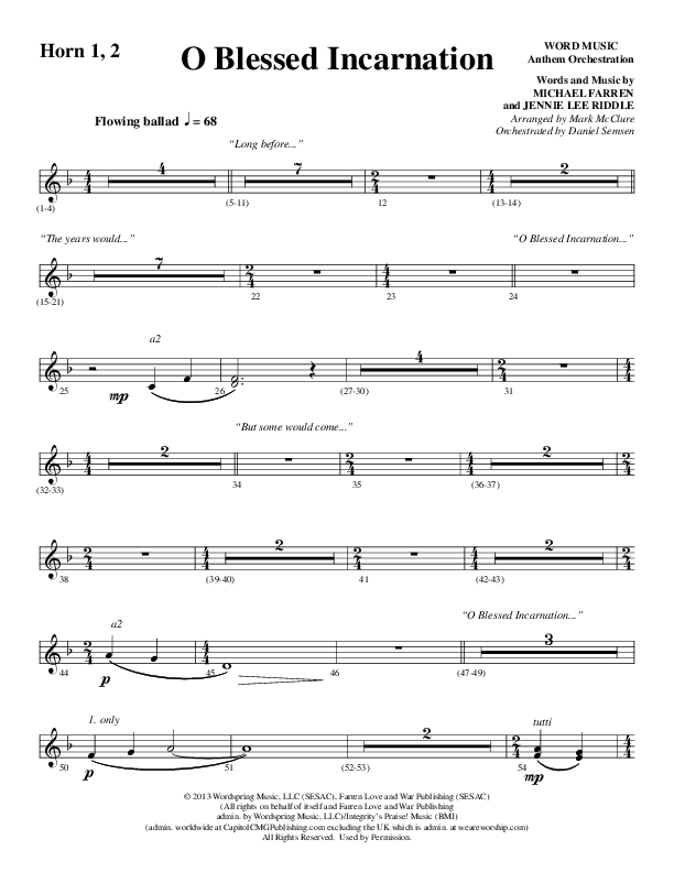 O Blessed Incarnation (Choral Anthem SATB) French Horn 1/2 (Word Music Choral / Arr. Mark McClure)