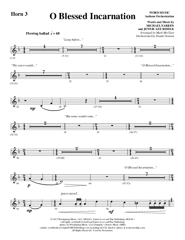 O Blessed Incarnation (Choral Anthem SATB) French Horn 3 (Word Music Choral / Arr. Mark McClure)
