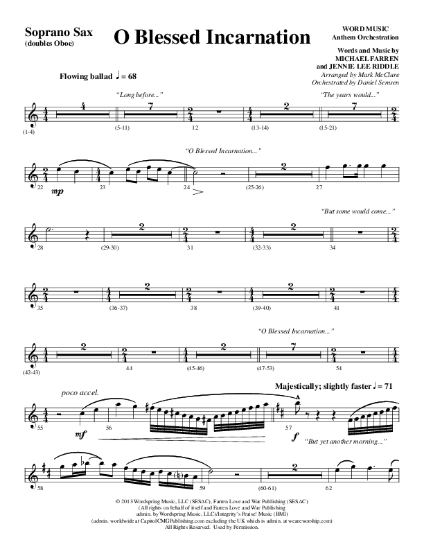 O Blessed Incarnation (Choral Anthem SATB) Soprano Sax (Word Music Choral / Arr. Mark McClure)