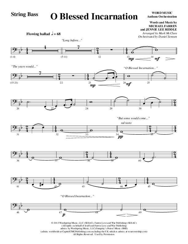 O Blessed Incarnation (Choral Anthem SATB) String Bass (Word Music Choral / Arr. Mark McClure)