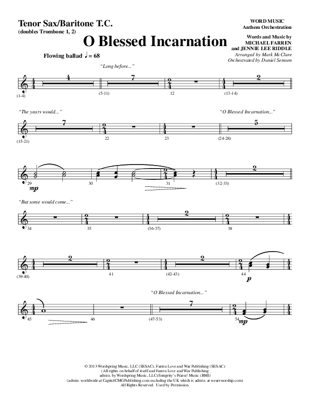 O Blessed Incarnation (Choral Anthem SATB) Tenor Sax/Baritone T.C. (Word Music Choral / Arr. Mark McClure)