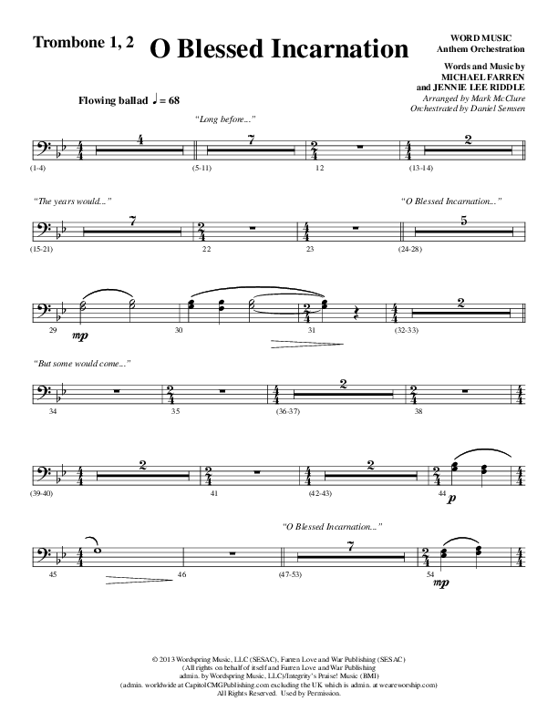 O Blessed Incarnation (Choral Anthem SATB) Trombone 1/2 (Word Music Choral / Arr. Mark McClure)
