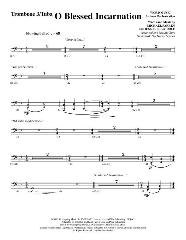 O Blessed Incarnation (Choral Anthem SATB) Trombone 3/Tuba (Word Music Choral / Arr. Mark McClure)