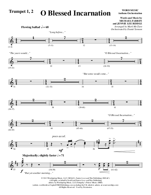 O Blessed Incarnation (Choral Anthem SATB) Trumpet 1,2 (Word Music Choral / Arr. Mark McClure)
