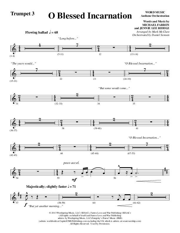 O Blessed Incarnation (Choral Anthem SATB) Trumpet 3 (Word Music Choral / Arr. Mark McClure)
