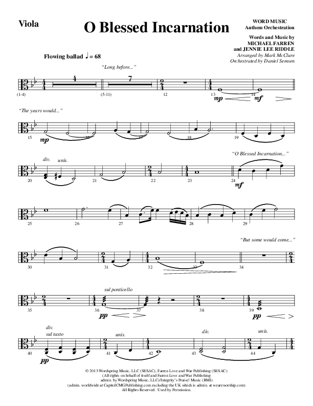 O Blessed Incarnation (Choral Anthem SATB) Viola (Word Music Choral / Arr. Mark McClure)