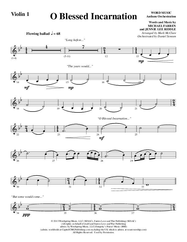 O Blessed Incarnation (Choral Anthem SATB) Violin 1 (Word Music Choral / Arr. Mark McClure)