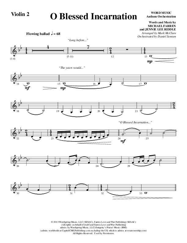 O Blessed Incarnation (Choral Anthem SATB) Violin 2 (Word Music Choral / Arr. Mark McClure)