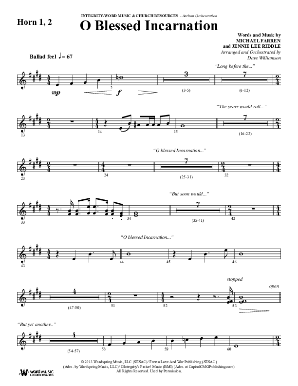 O Blessed Incarnation (Choral Anthem SATB) French Horn 1/2 (Word Music Choral / Arr. Dave Williamson)
